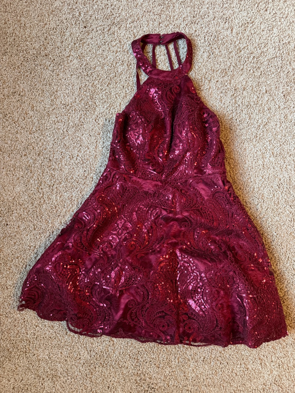 Burgundy Lace Sequin Halter Dress